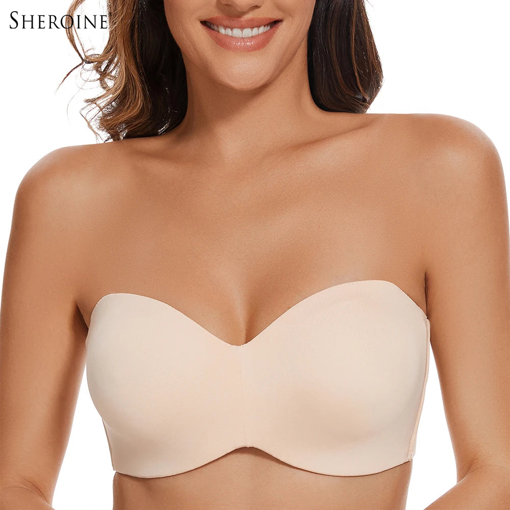 Sheroine Strapless Bra for Plus Size Woman Push Up Seamless Underwire for Large Breasts High Support & Smoothing Unpadded