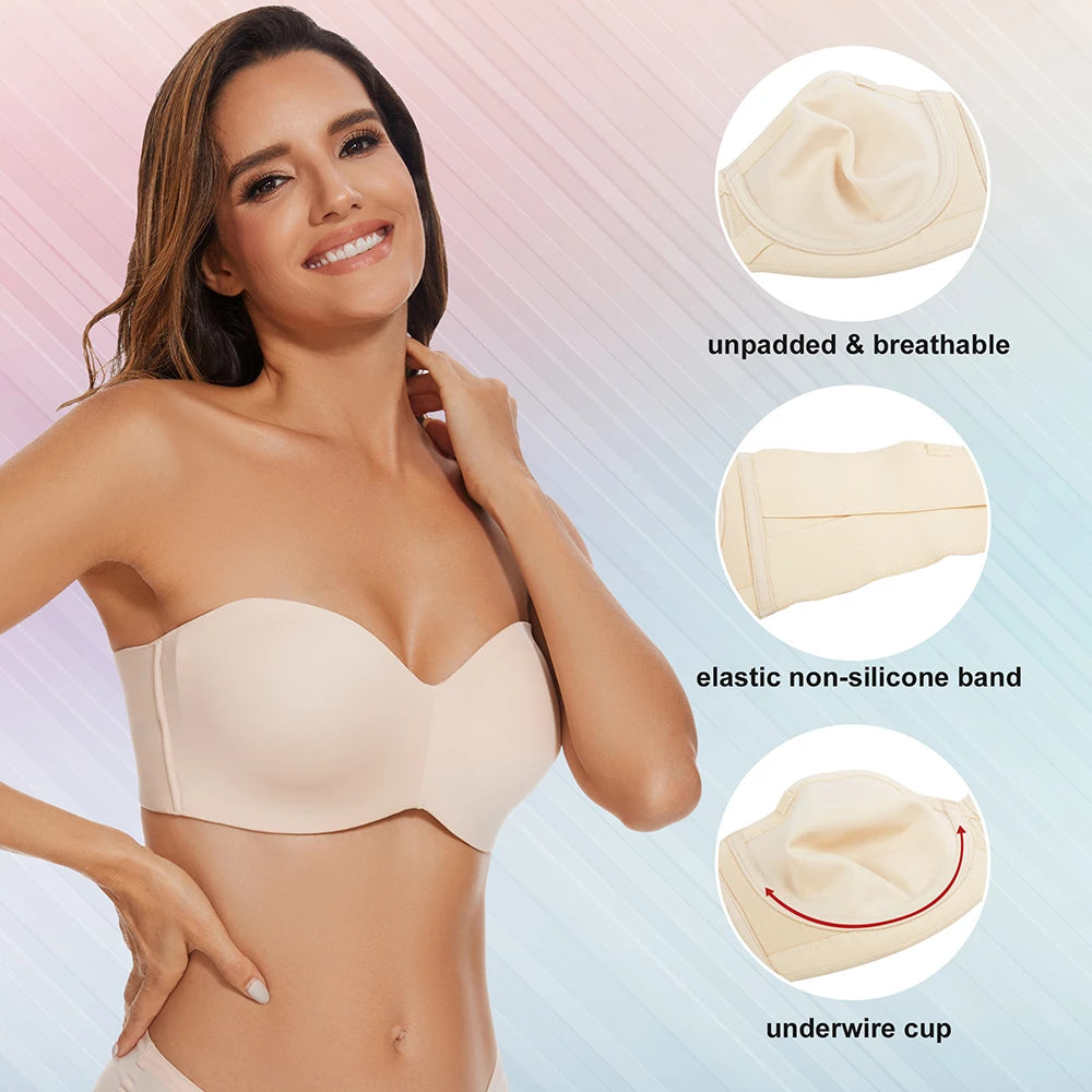 Sheroine Strapless Bra for Plus Size Woman Push Up Seamless Underwire for Large Breasts High Support & Smoothing Unpadded