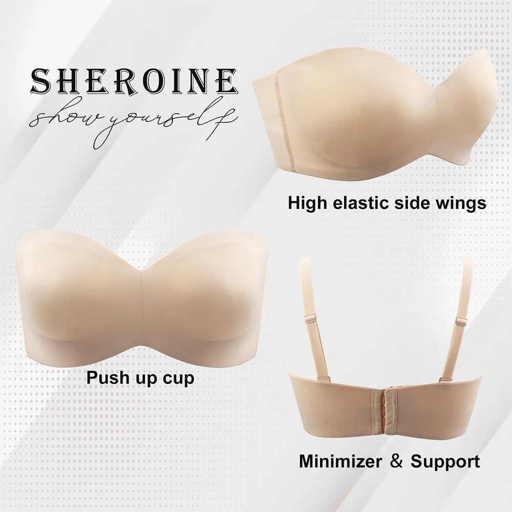 Sheroine Strapless Bra for Plus Size Woman Push Up Seamless Underwire for Large Breasts High Support & Smoothing Unpadded