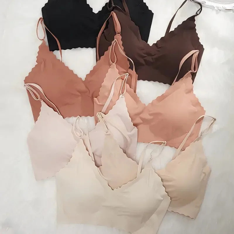 Hot Sale 6 Colors New Ice Silk Underwear Comfy Bra WireFree Padded Wavy Edge Invisible Yoga Wear Ladies Bra Seamless Sexy Bra