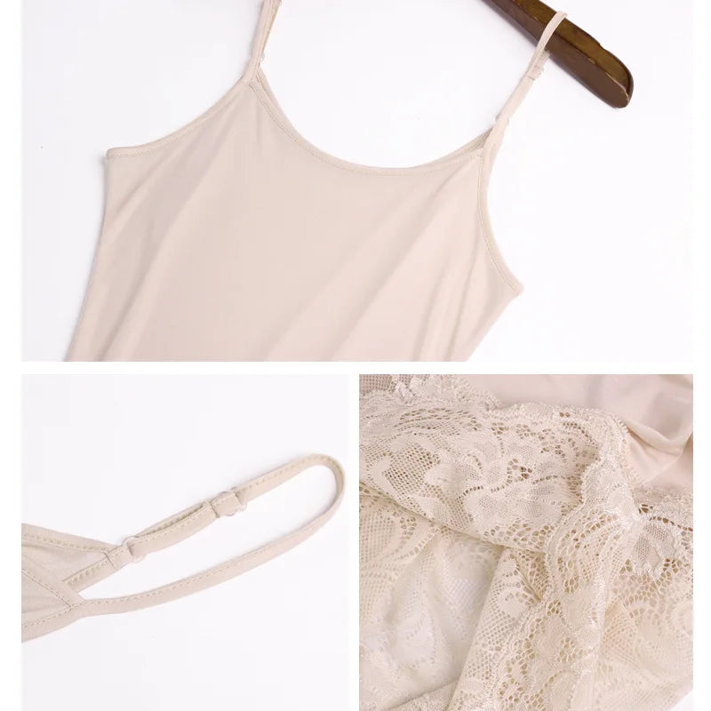 Women Full Slips 100% Natural SILK Lace slip Basic Anti emptied slips Adjustable shoulder Solid Nude Black White