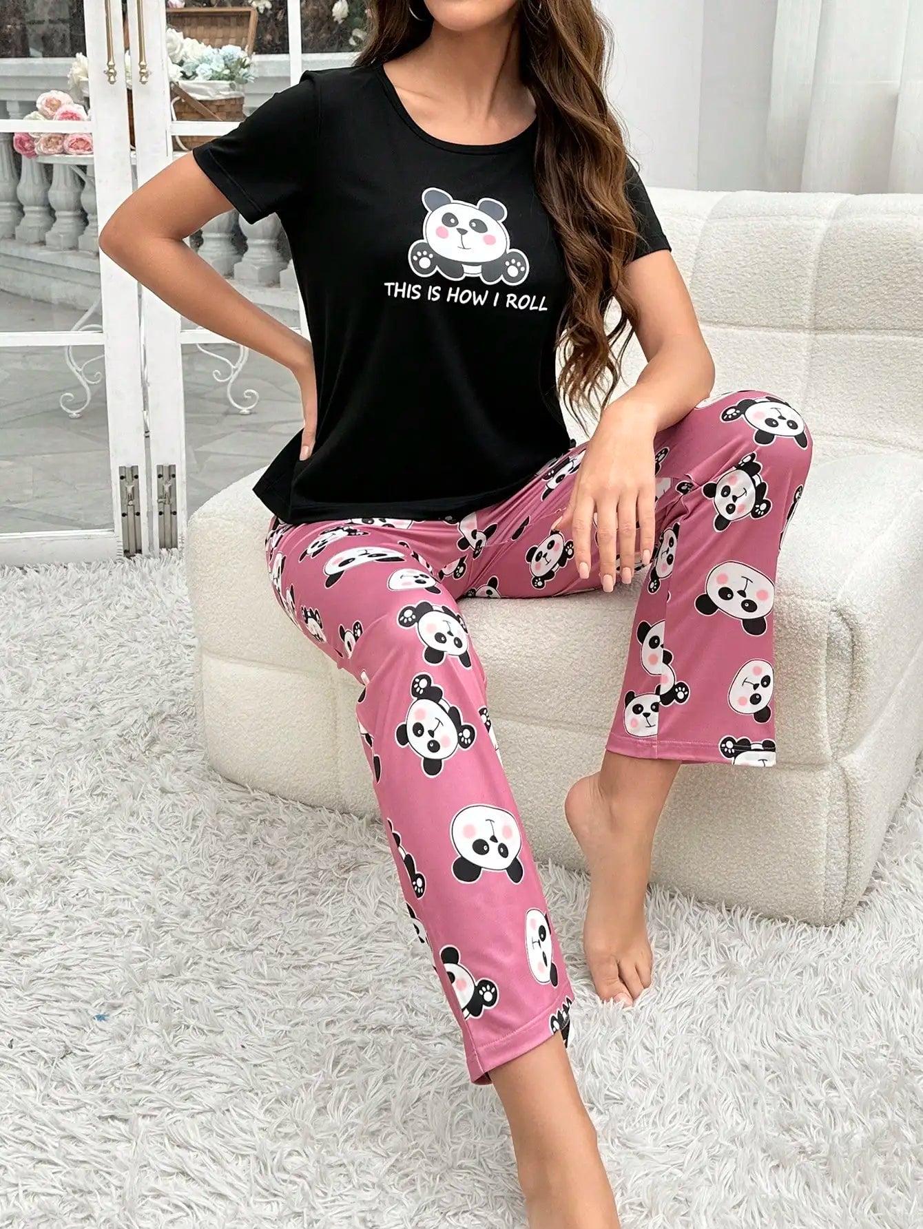 2-Piece Women's Pajama Set Animal Print Short-Sleeved Pants Set